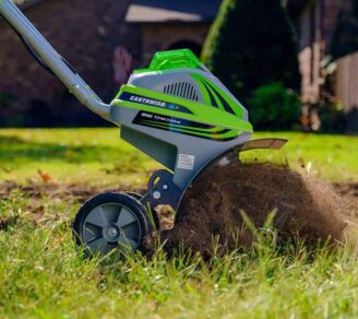 earthwise-40V-tiller-in-garden